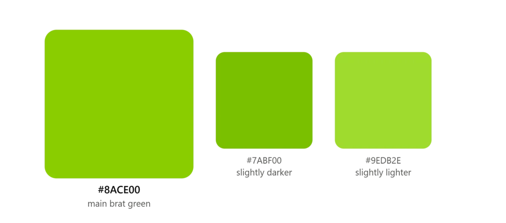 Brat hex color code 8ACE00 shown as a green color swatch
